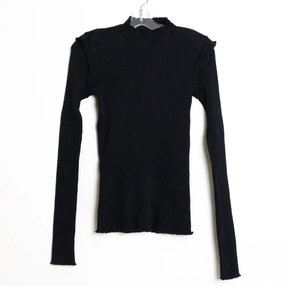 Current/Elliott The Ruffle Rib Top Black Ribbed Mock Neck Size 1 - Picture 2 of 11